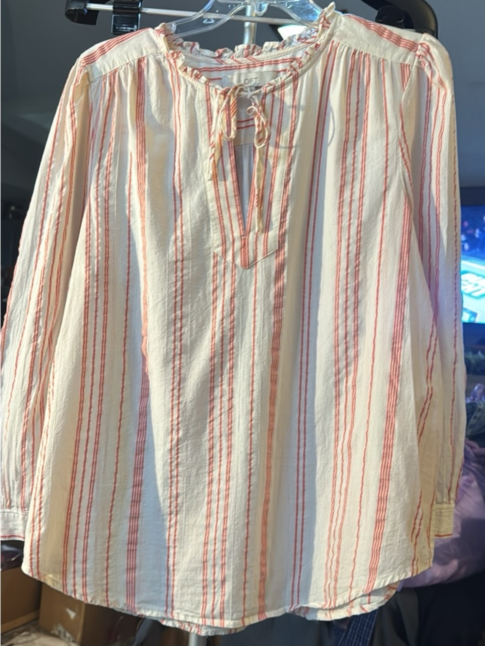 LOFT Cream and Coral Striped Casual Button-Down Shirt#168